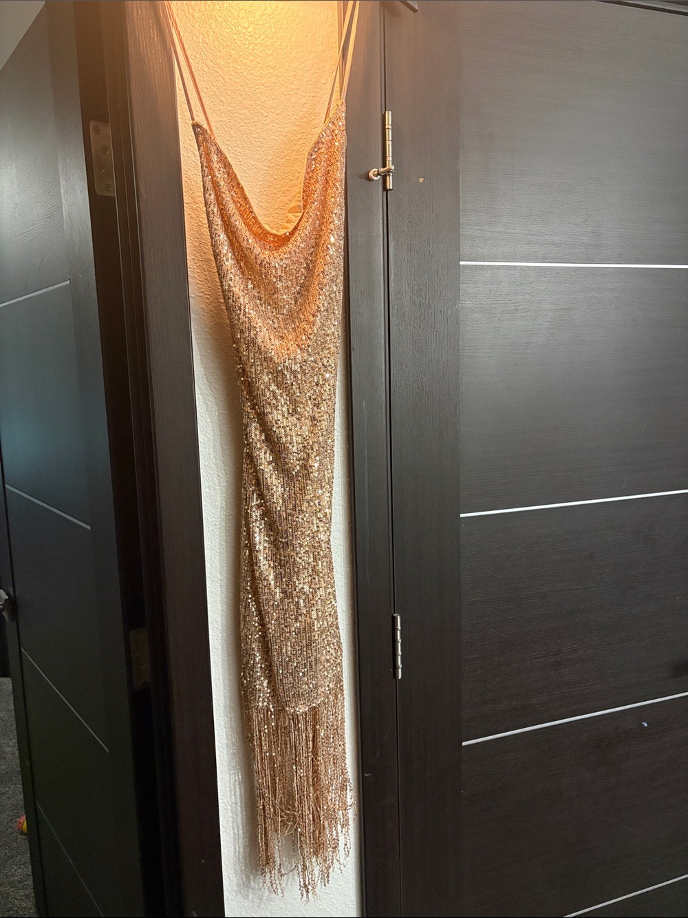 Gold Sequin Cowl Neck Fringe Dress - Women